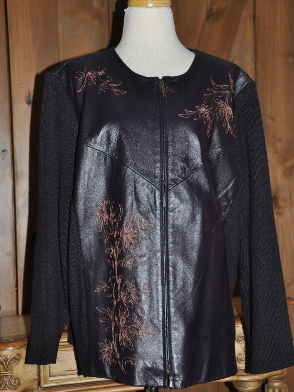 Vintage Victor Costa Dark Purple/Brown Leather Wool Knit Embroidered  Beaded Jac